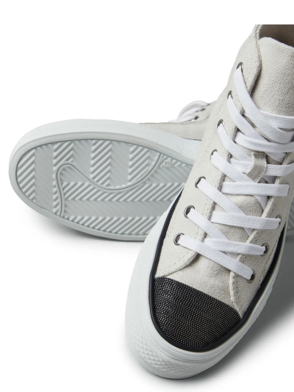 BRUNO CUCINELLI  Canvas High-Top Sneakers in cream with Black Toe Cap